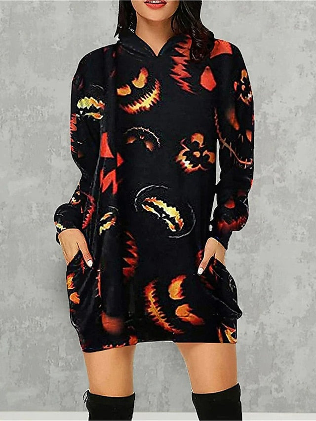 Women's Halloween Dress Casual Dress Hoodie Dress Mini Dress Fashion Daily Outdoor Vacation V Neck Pocket Print Skull Pumpkin Spider Loose Fit Black White Red S M L XL XXL