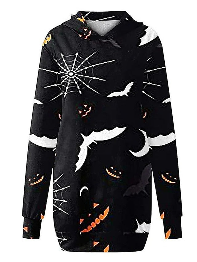 Women's Halloween Dress Casual Dress Hoodie Dress Mini Dress Fashion Daily Outdoor Vacation V Neck Pocket Print Skull Pumpkin Spider Loose Fit Black White Red S M L XL XXL