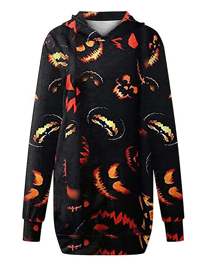 Women's Halloween Dress Casual Dress Hoodie Dress Mini Dress Fashion Daily Outdoor Vacation V Neck Pocket Print Skull Pumpkin Spider Loose Fit Black White Red S M L XL XXL
