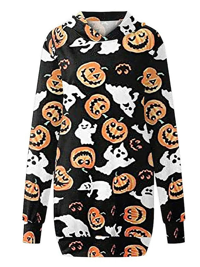 Women's Halloween Dress Casual Dress Hoodie Dress Mini Dress Fashion Daily Outdoor Vacation V Neck Pocket Print Skull Pumpkin Spider Loose Fit Black White Red S M L XL XXL