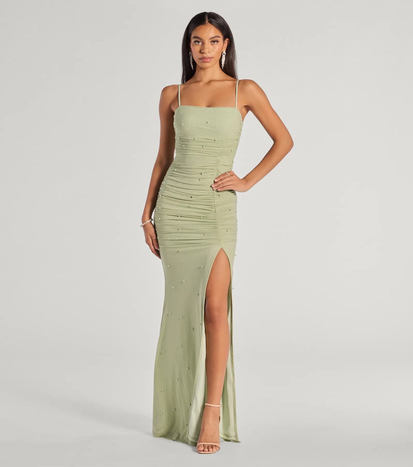 Annika Pearl And Rhinestone Ruched Mesh Mermaid Dress