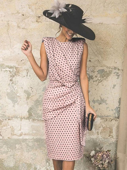 Women's Sheath Dress Knee Length Dress - Sleeveless Polka Dot Print Polka Dots Ruched Spring & Summer Plus Size Hot Vintage White Red Light Blue