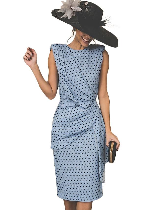 Women's Sheath Dress Knee Length Dress - Sleeveless Polka Dot Print Polka Dots Ruched Spring & Summer Plus Size Hot Vintage White Red Light Blue