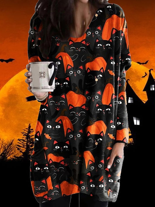 Women's Halloween Dress Casual Dress Shift Dress Print Dress Print Pocket Print V Neck Mini Dress Active Fashion Vacation Long Sleeve Loose Fit Light Yellow Black Yellow Fall Winter S M L XL XXL