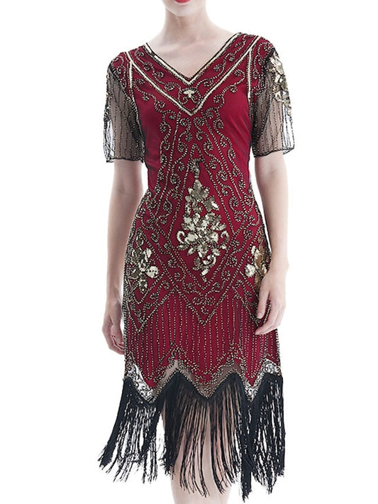 Women's Halloween Dress Retro 1920s Fringe Dress Midi Dress Party Outdoor Sequins Tassel Fringe Floral V Neck Short Sleeve Regular Fit Summer Spring 2023 Black Golden S M L XL