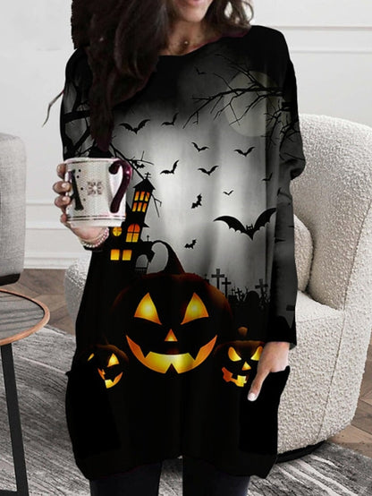 Women's Halloween Dress Casual Dress T Shirt Dress Tee Dress Shift Dress Mini Dress Black Long Sleeve Pumpkin Print Fall Winter Autumn Crew Neck Stylish Loose Fit 2023 XXS XS S M L XL 2XL 3XL 4XL 5XL