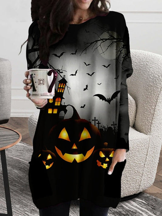 Women's Halloween Dress Casual Dress T Shirt Dress Tee Dress Shift Dress Mini Dress Black Long Sleeve Pumpkin Print Fall Winter Autumn Crew Neck Stylish Loose Fit 2023 XXS XS S M L XL 2XL 3XL 4XL 5XL