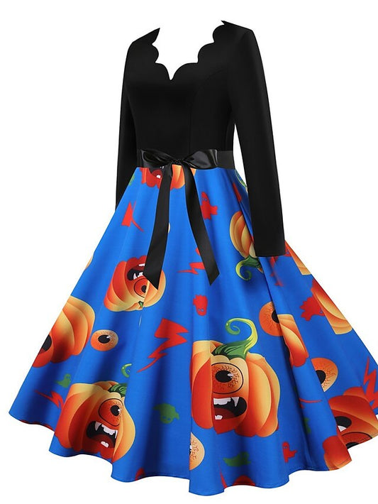 Women's Halloween Dress A Line Dress Knee Length Dress Black Blue Purple Pink Red Long Sleeve Pumpkin Bat Print Pumpkin Spider Print Fall Winter V Neck Hot Vintage Slim 2023 S M L XL XXL 3XL