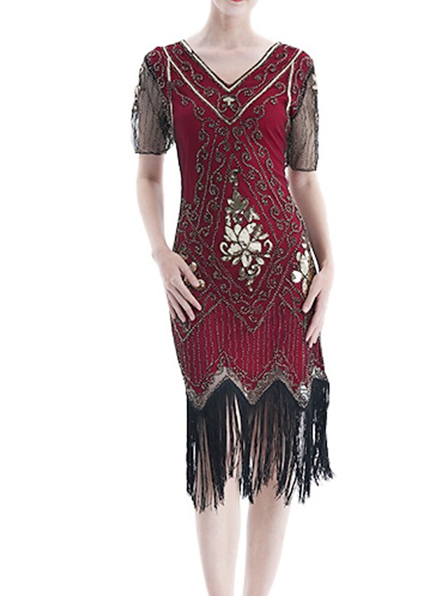 Women's Halloween Dress Retro 1920s Fringe Dress Midi Dress Party Outdoor Sequins Tassel Fringe Floral V Neck Short Sleeve Regular Fit Summer Spring 2023 Black Golden S M L XL