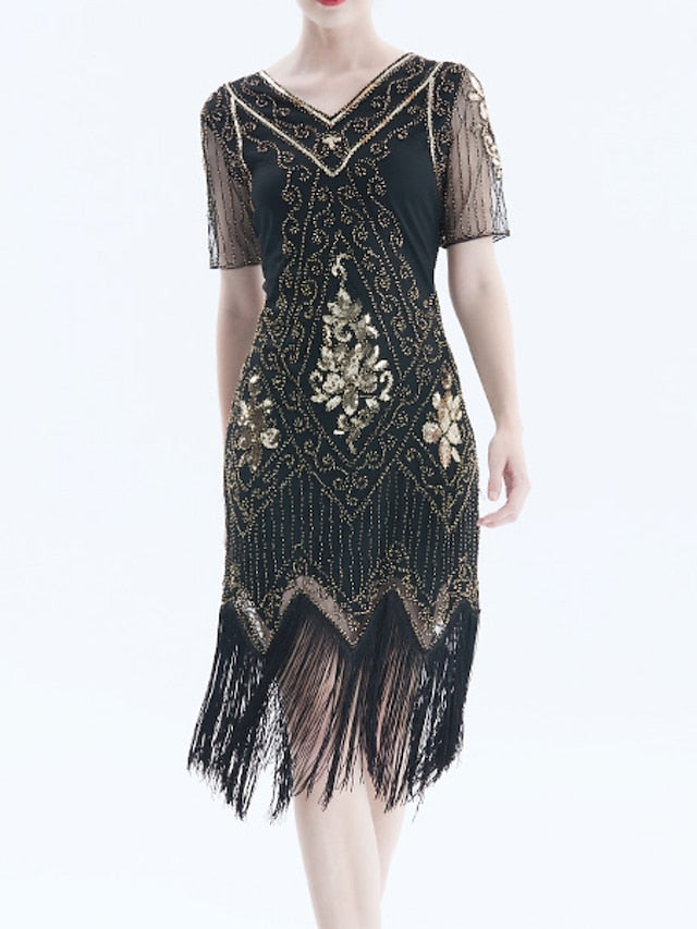 Women's Halloween Dress Retro 1920s Fringe Dress Midi Dress Party Outdoor Sequins Tassel Fringe Floral V Neck Short Sleeve Regular Fit Summer Spring 2023 Black Golden S M L XL