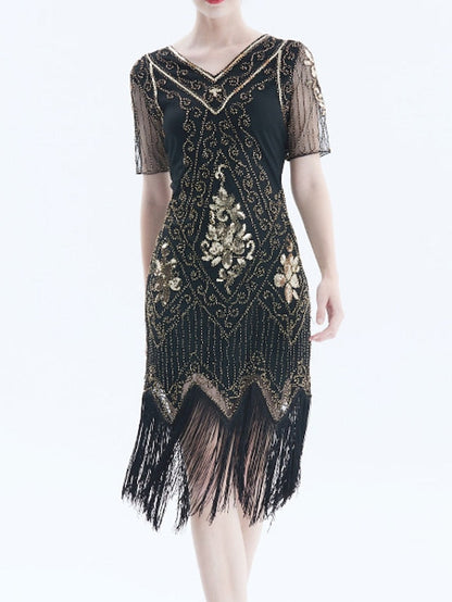 Women's Halloween Dress Retro 1920s Fringe Dress Midi Dress Party Outdoor Sequins Tassel Fringe Floral V Neck Short Sleeve Regular Fit Summer Spring 2023 Black Golden S M L XL