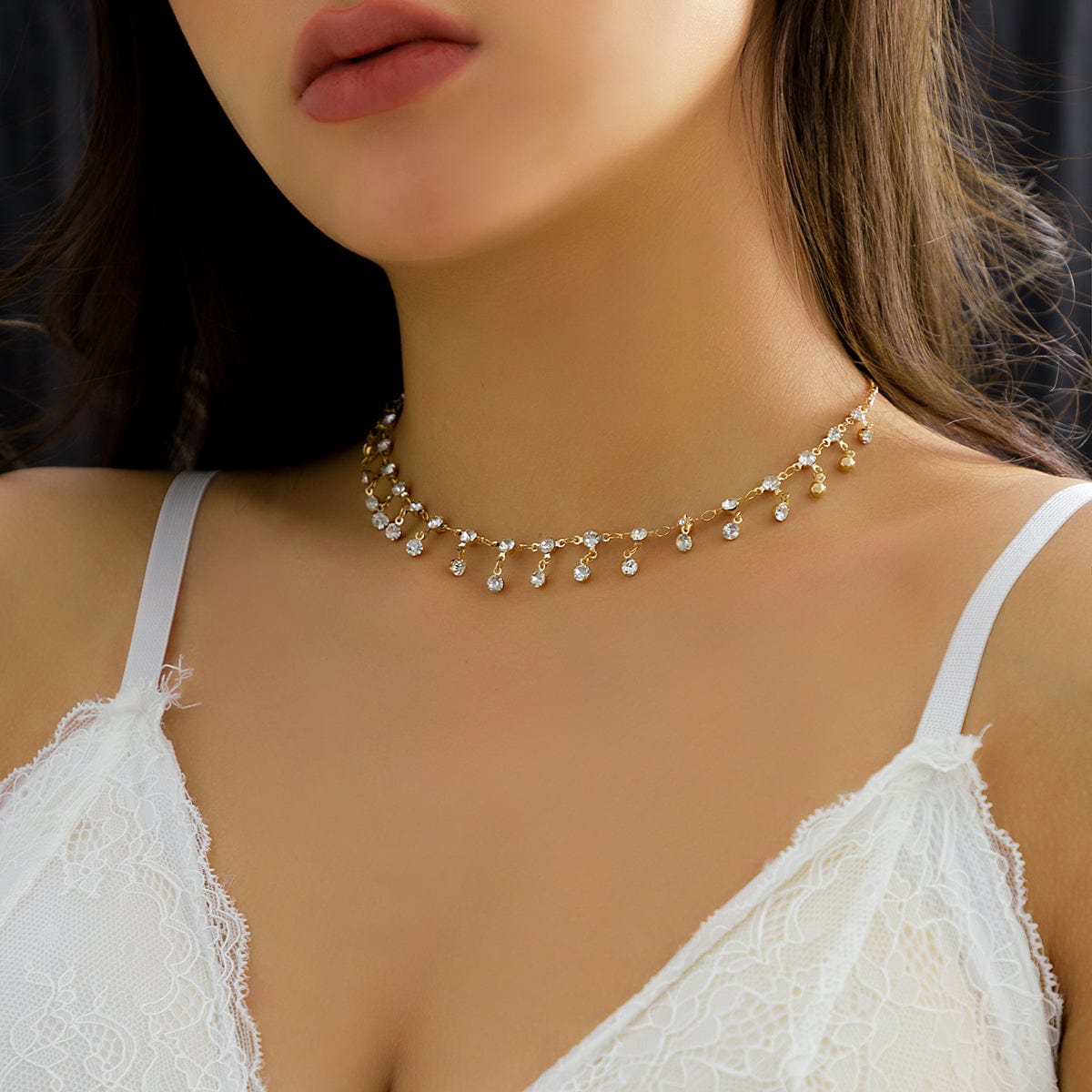 Dainty Rhinestone Tassel Choker Necklace