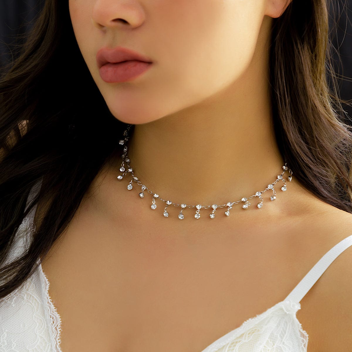 Dainty Rhinestone Tassel Choker Necklace