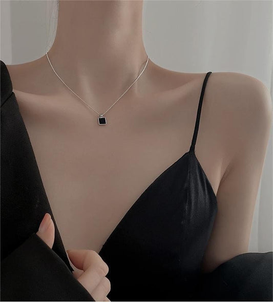 Dainty S925 Sterling Silver Enamel Square Pendant Box Chain Necklace