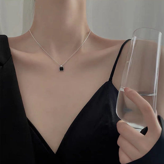 Dainty S925 Sterling Silver Enamel Square Pendant Box Chain Necklace