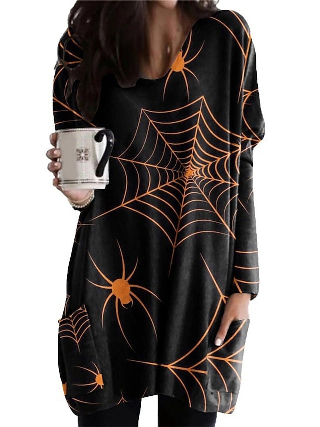 Women's Halloween Dress Casual Dress Shift Dress Print Dress Print Pocket Print V Neck Mini Dress Active Fashion Vacation Long Sleeve Loose Fit Light Yellow Black Yellow Fall Winter S M L XL XXL