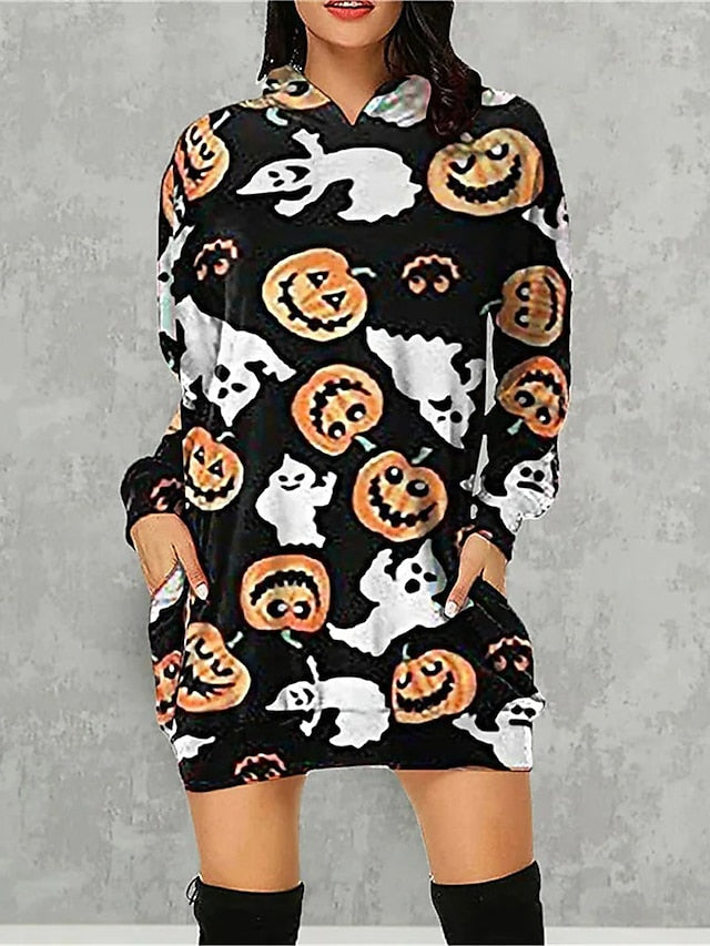Women's Halloween Dress Casual Dress Hoodie Dress Mini Dress Fashion Daily Outdoor Vacation V Neck Pocket Print Skull Pumpkin Spider Loose Fit Black White Red S M L XL XXL