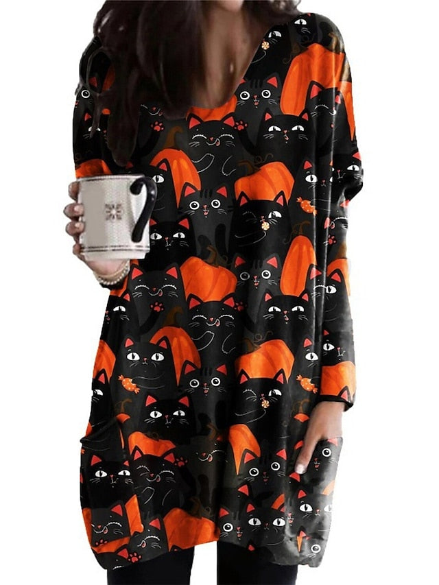 Women's Halloween Dress Casual Dress Shift Dress Print Dress Print Pocket Print V Neck Mini Dress Active Fashion Vacation Long Sleeve Loose Fit Light Yellow Black Yellow Fall Winter S M L XL XXL
