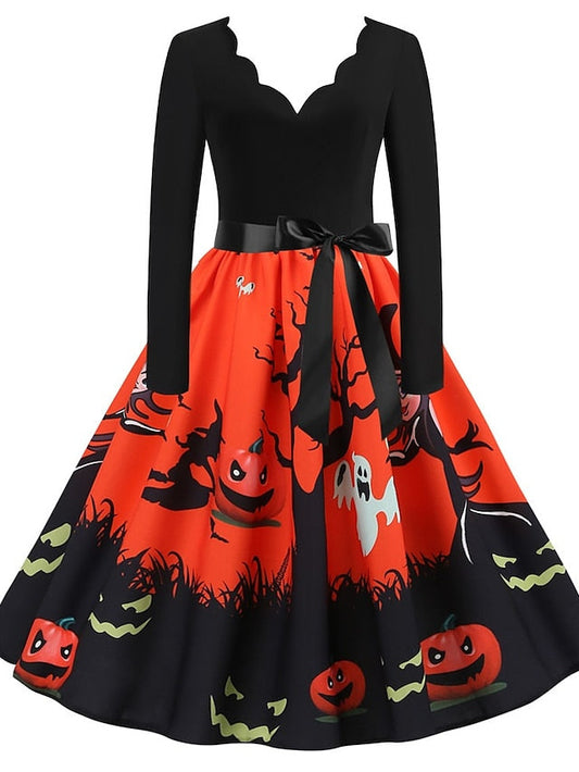 Women's Halloween Dress A Line Dress Knee Length Dress White Blue Orange Long Sleeve Print Pumpkin Ghost Patchwork Bow Print Fall Winter V Neck Hot Elegant Vintage Slim 2023 S M L XL XXL