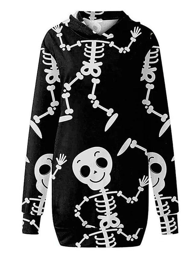 Women's Halloween Dress Casual Dress Hoodie Dress Mini Dress Fashion Daily Outdoor Vacation V Neck Pocket Print Skull Pumpkin Spider Loose Fit Black White Red S M L XL XXL