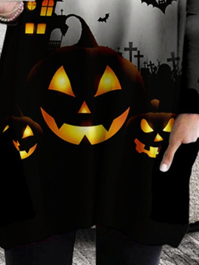 Women's Halloween Dress Casual Dress T Shirt Dress Tee Dress Shift Dress Mini Dress Black Long Sleeve Pumpkin Print Fall Winter Autumn Crew Neck Stylish Loose Fit 2023 XXS XS S M L XL 2XL 3XL 4XL 5XL