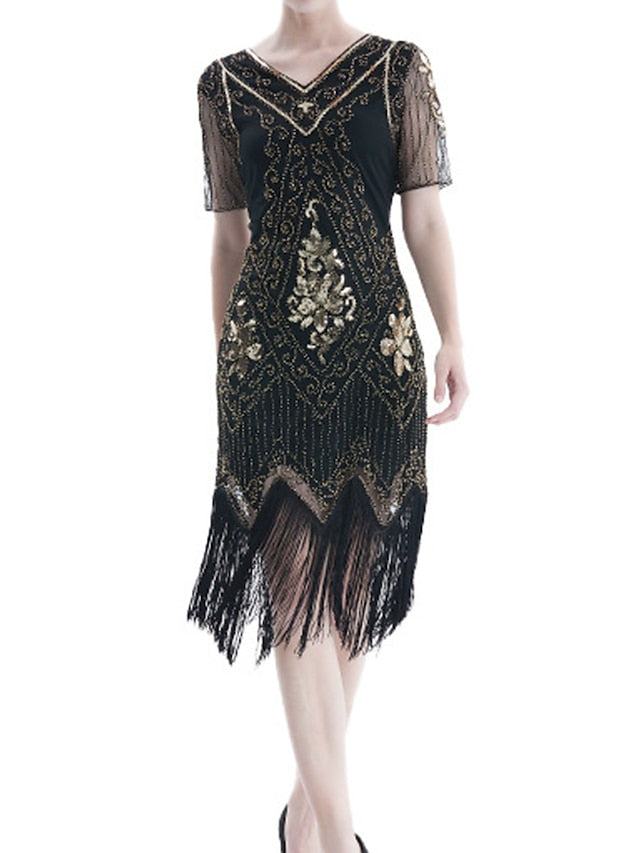 Women's Halloween Dress Retro 1920s Fringe Dress Midi Dress Party Outdoor Sequins Tassel Fringe Floral V Neck Short Sleeve Regular Fit Summer Spring 2023 Black Golden S M L XL