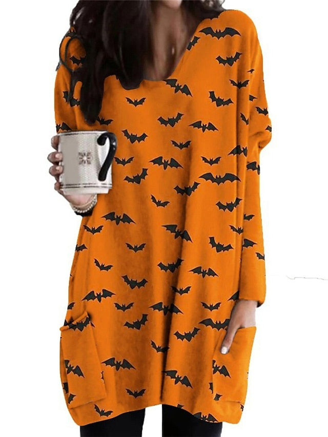 Women's Halloween Dress Casual Dress Shift Dress Print Dress Print Pocket Print V Neck Mini Dress Active Fashion Vacation Long Sleeve Loose Fit Light Yellow Black Yellow Fall Winter S M L XL XXL