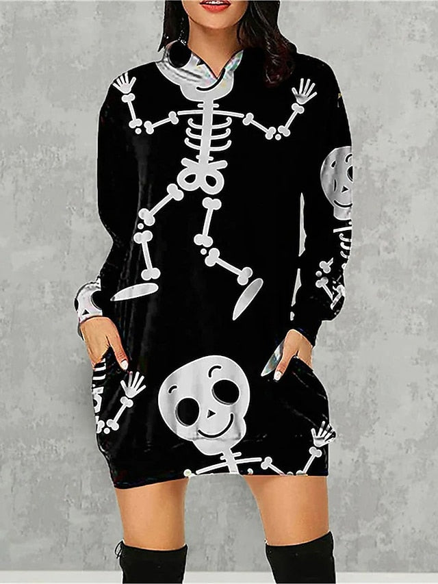Women's Halloween Dress Casual Dress Hoodie Dress Mini Dress Fashion Daily Outdoor Vacation V Neck Pocket Print Skull Pumpkin Spider Loose Fit Black White Red S M L XL XXL