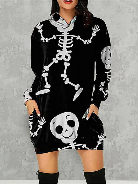 Women's Halloween Dress Casual Dress Hoodie Dress Mini Dress Fashion Daily Outdoor Vacation V Neck Pocket Print Skull Pumpkin Spider Loose Fit Black White Red S M L XL XXL