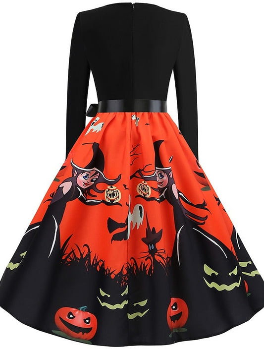 Women's Halloween Dress A Line Dress Knee Length Dress White Blue Orange Long Sleeve Print Pumpkin Ghost Patchwork Bow Print Fall Winter V Neck Hot Elegant Vintage Slim 2023 S M L XL XXL