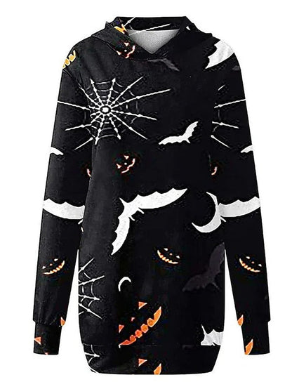 Women's Halloween Dress Casual Dress Hoodie Dress Mini Dress Fashion Daily Outdoor Vacation V Neck Pocket Print Skull Pumpkin Spider Loose Fit Black White Red S M L XL XXL