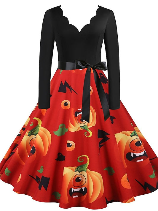 Women's Halloween Dress A Line Dress Knee Length Dress Black Blue Purple Pink Red Long Sleeve Pumpkin Bat Print Pumpkin Spider Print Fall Winter V Neck Hot Vintage Slim 2023 S M L XL XXL 3XL