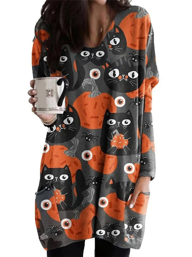 Women's Halloween Dress Casual Dress Shift Dress Print Dress Print Pocket Print V Neck Mini Dress Active Fashion Vacation Long Sleeve Loose Fit Light Yellow Black Yellow Fall Winter S M L XL XXL