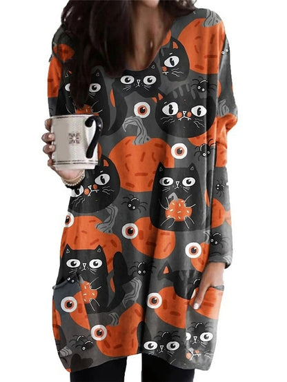 Women's Halloween Dress Casual Dress Shift Dress Print Dress Print Pocket Print V Neck Mini Dress Active Fashion Vacation Long Sleeve Loose Fit Light Yellow Black Yellow Fall Winter S M L XL XXL