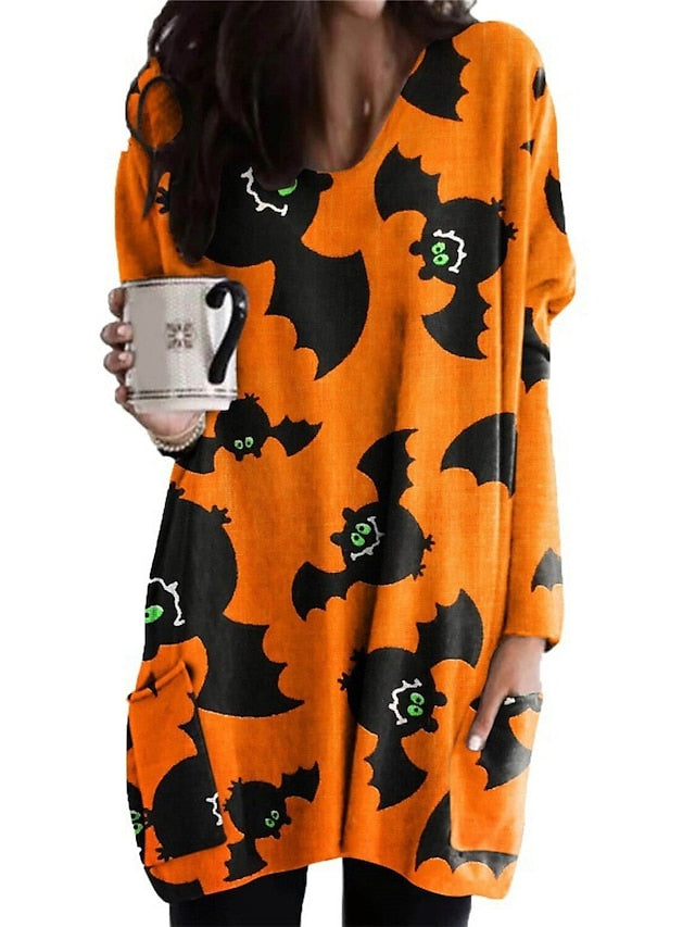 Women's Halloween Dress Casual Dress Shift Dress Print Dress Print Pocket Print V Neck Mini Dress Active Fashion Vacation Long Sleeve Loose Fit Light Yellow Black Yellow Fall Winter S M L XL XXL