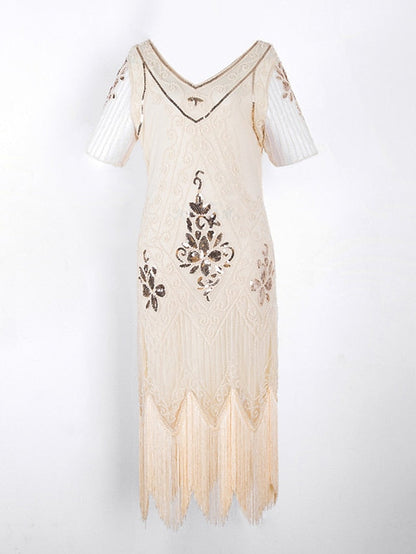 Women's Halloween Dress Retro 1920s Fringe Dress Midi Dress Party Outdoor Sequins Tassel Fringe Floral V Neck Short Sleeve Regular Fit Summer Spring 2023 Black Golden S M L XL