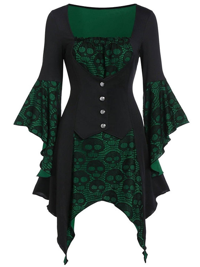 Women's Halloween Dress Lace Dress A Line Dress Short Mini Dress Green Purple Wine Long Sleeve Print Lace Patchwork Print Fall Winter V Neck Hot Vintage Slim 2023 S M L XL XXL / Party Dress