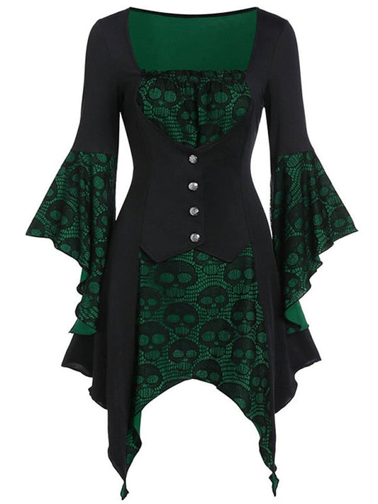Women's Halloween Dress Lace Dress A Line Dress Short Mini Dress Green Purple Wine Long Sleeve Print Lace Patchwork Print Fall Winter V Neck Hot Vintage Slim 2023 S M L XL XXL / Party Dress