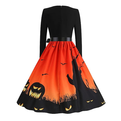 Women's Halloween Dress Retro 1950s Vintage Dress Midi Dress Holiday With Belt Bow Graphic Crew Neck Long Sleeve Regular Fit Spring Fall 2023 Pink Red S M L XL
