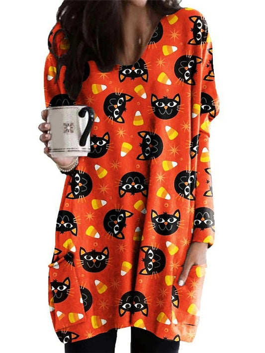 Women's Halloween Dress Casual Dress Shift Dress Print Dress Print Pocket Print V Neck Mini Dress Active Fashion Vacation Long Sleeve Loose Fit Light Yellow Black Yellow Fall Winter S M L XL XXL