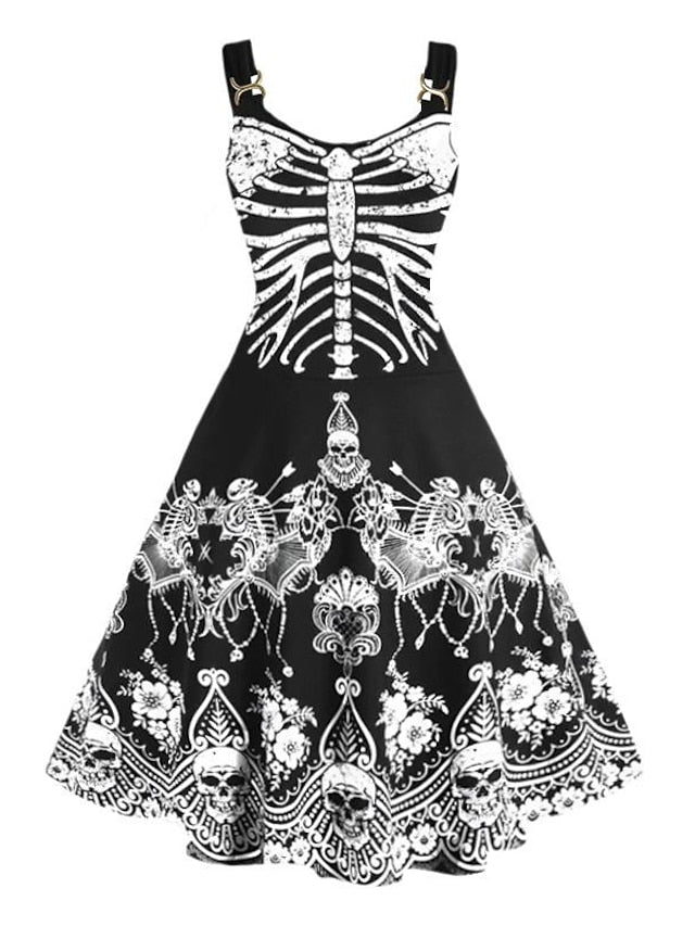 Women's Halloween Dress A Line Dress Short Mini Dress Green White Purple Yellow Sleeveless Print Skull Skeleton Print Fall Winter Crew Neck Party Party 2023 XL 2XL 3XL 4XL / Summer