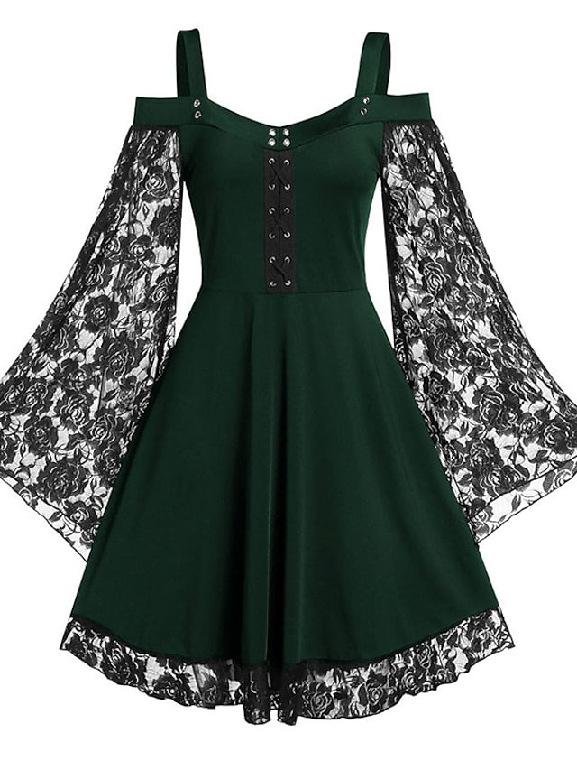 Women's Halloween Dress Plus Size Party Dress Solid Color Crew Neck Lace Long Sleeve Fall Winter Elegant Knee Length Dress Party Dress / Skull