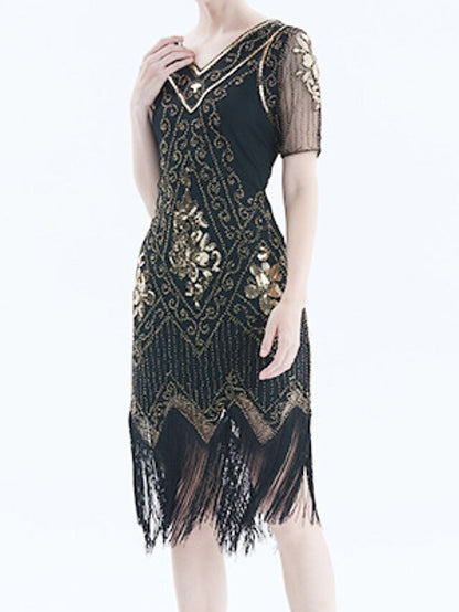 Women's Halloween Dress Retro 1920s Fringe Dress Midi Dress Party Outdoor Sequins Tassel Fringe Floral V Neck Short Sleeve Regular Fit Summer Spring 2023 Black Golden S M L XL
