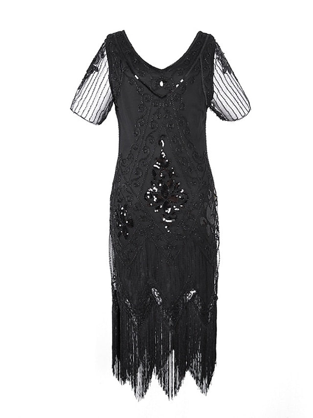 Women's Halloween Dress Retro 1920s Fringe Dress Midi Dress Party Outdoor Sequins Tassel Fringe Floral V Neck Short Sleeve Regular Fit Summer Spring 2023 Black Golden S M L XL