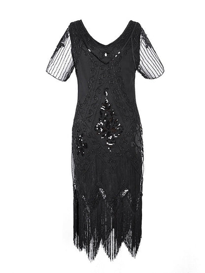 Women's Halloween Dress Retro 1920s Fringe Dress Midi Dress Party Outdoor Sequins Tassel Fringe Floral V Neck Short Sleeve Regular Fit Summer Spring 2023 Black Golden S M L XL