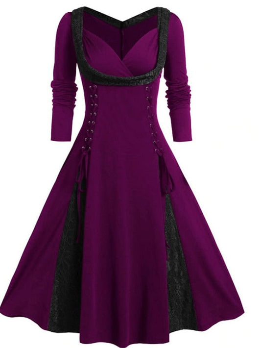 Women's Halloween Dress A Line Dress Midi Dress Red Purple Green Long Sleeve Color Block Lace Fall Winter Autumn V Neck Vintage Winter Dress Fall Dress 2023 L XL XXL 4XL 5XL