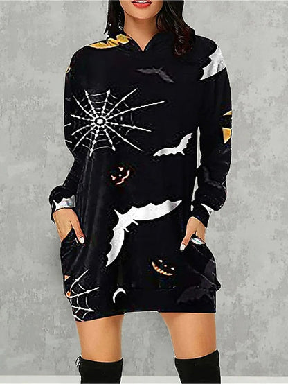 Women's Halloween Dress Casual Dress Hoodie Dress Mini Dress Fashion Daily Outdoor Vacation V Neck Pocket Print Skull Pumpkin Spider Loose Fit Black White Red S M L XL XXL