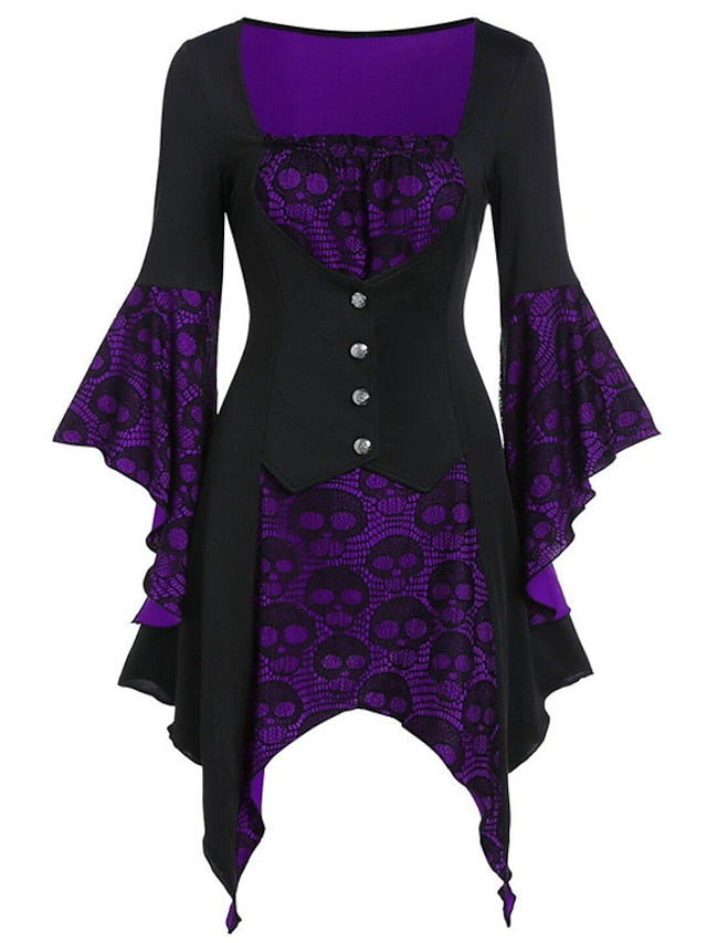Women's Halloween Dress Lace Dress A Line Dress Short Mini Dress Green Purple Wine Long Sleeve Print Lace Patchwork Print Fall Winter V Neck Hot Vintage Slim 2023 S M L XL XXL / Party Dress