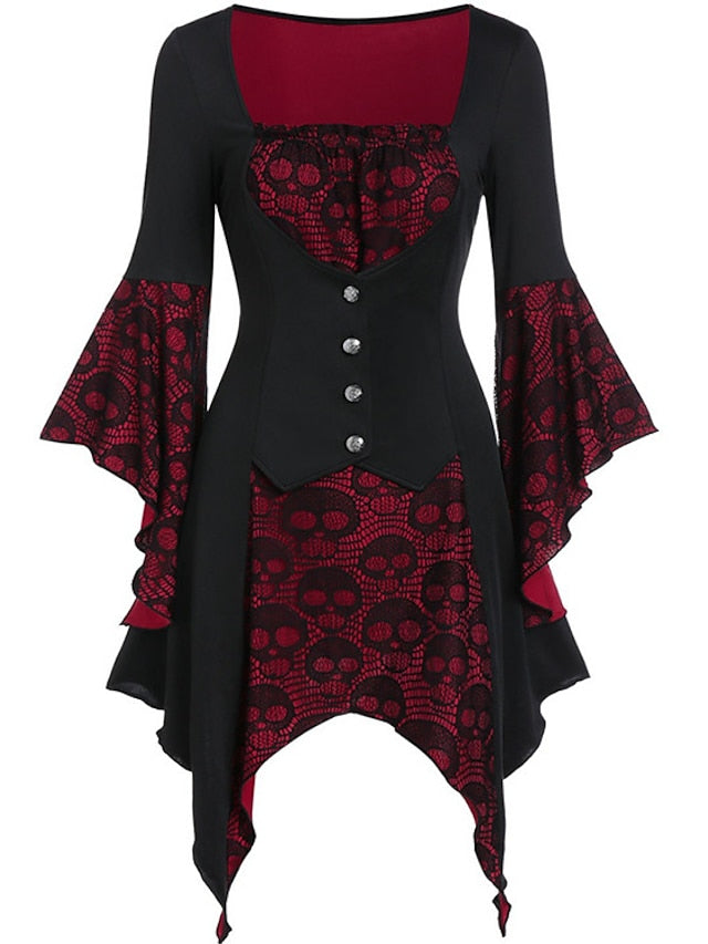 Women's Halloween Dress Lace Dress A Line Dress Short Mini Dress Green Purple Wine Long Sleeve Print Lace Patchwork Print Fall Winter V Neck Hot Vintage Slim 2023 S M L XL XXL / Party Dress