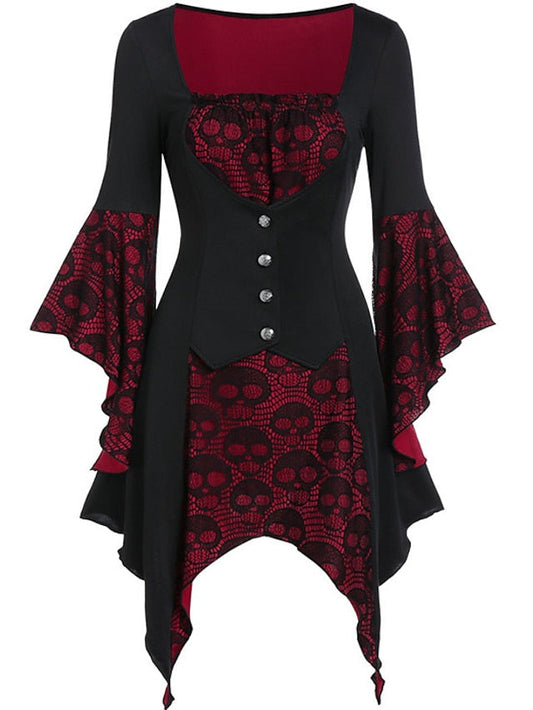 Women's Halloween Dress Lace Dress A Line Dress Short Mini Dress Green Purple Wine Long Sleeve Print Lace Patchwork Print Fall Winter V Neck Hot Vintage Slim 2023 S M L XL XXL / Party Dress